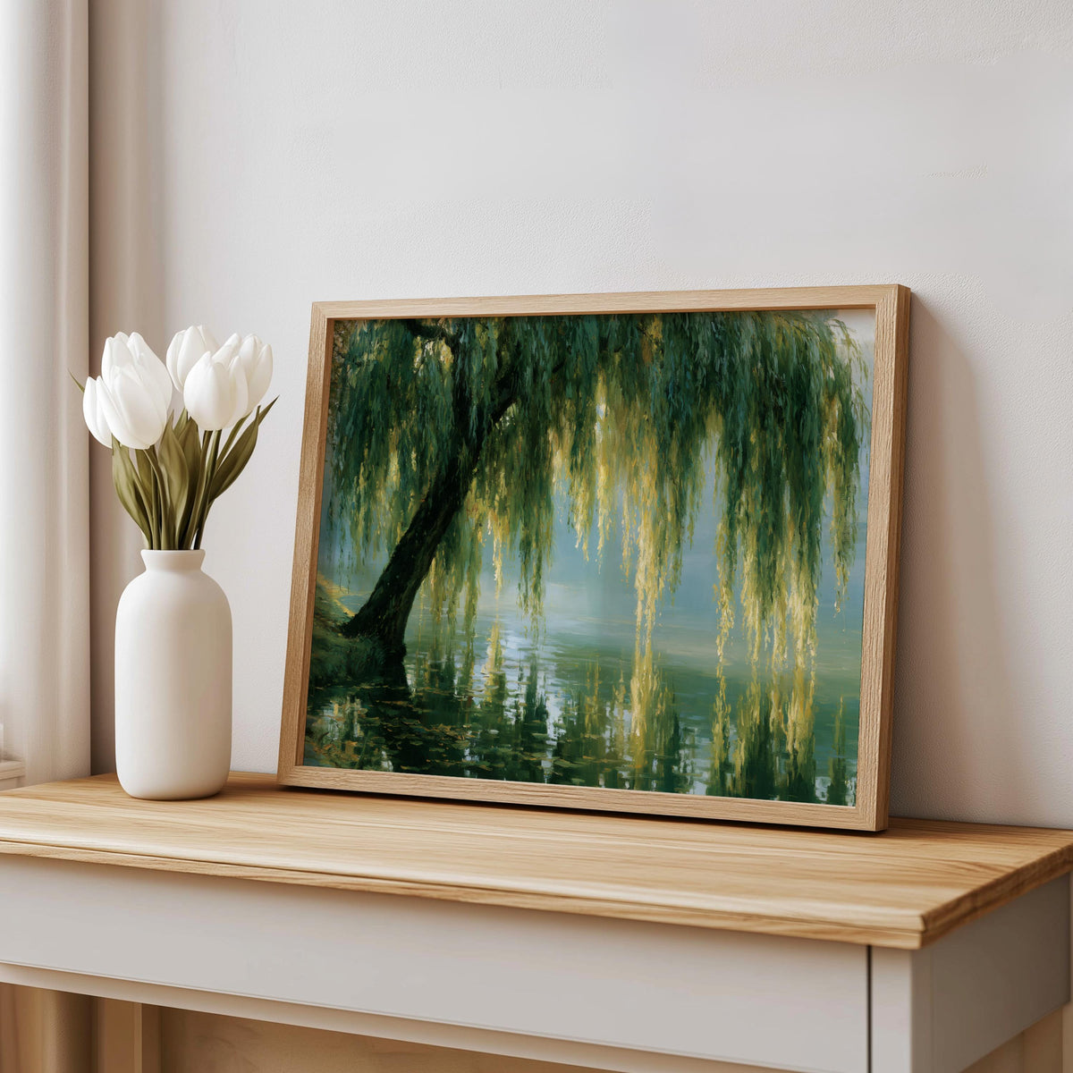 Weeping Willow Wall Art: Moody Impressionist Landscape Print, Dark Sage Green Nature Painting, Peaceful Forest Decor Botanical Earthy Canvas