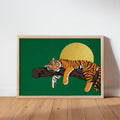 Wood-framed sleeping tiger wall art on rich green background, golden moon, tiger on branch art