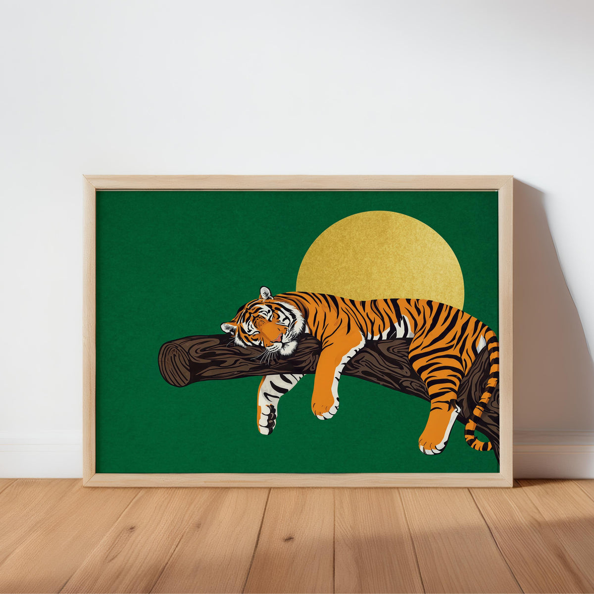 Wood-framed sleeping tiger wall art on rich green background, golden moon, tiger on branch art
