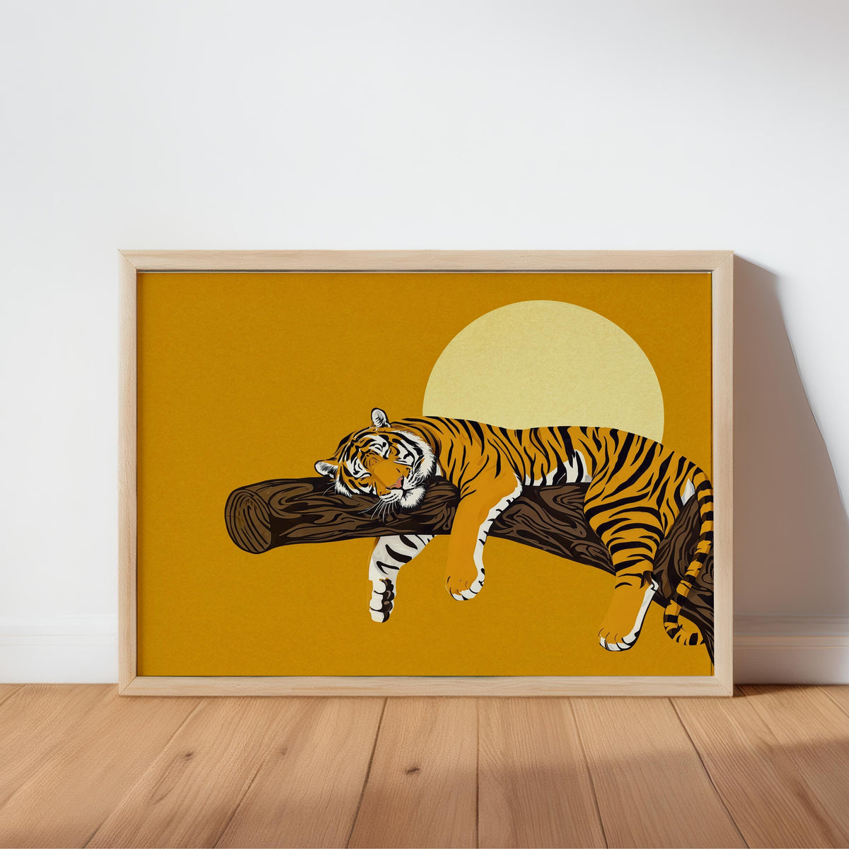 Mustard sleeping tiger wall art in wooden frame, pale moon, boho wildlife print with vintage feel