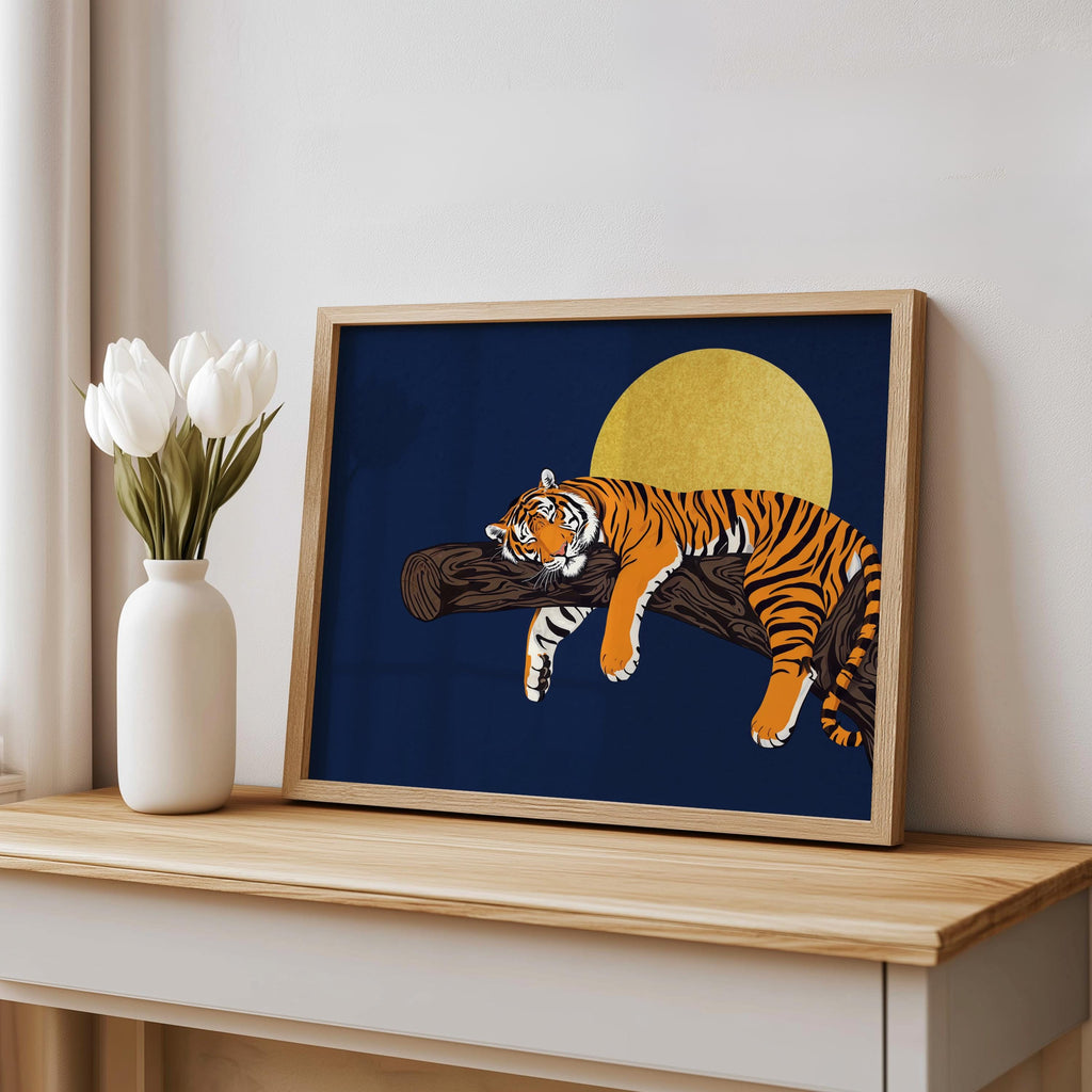 Navy sleeping tiger wall art on shelf beside white vase, strong moon silhouette, modern tiger poster