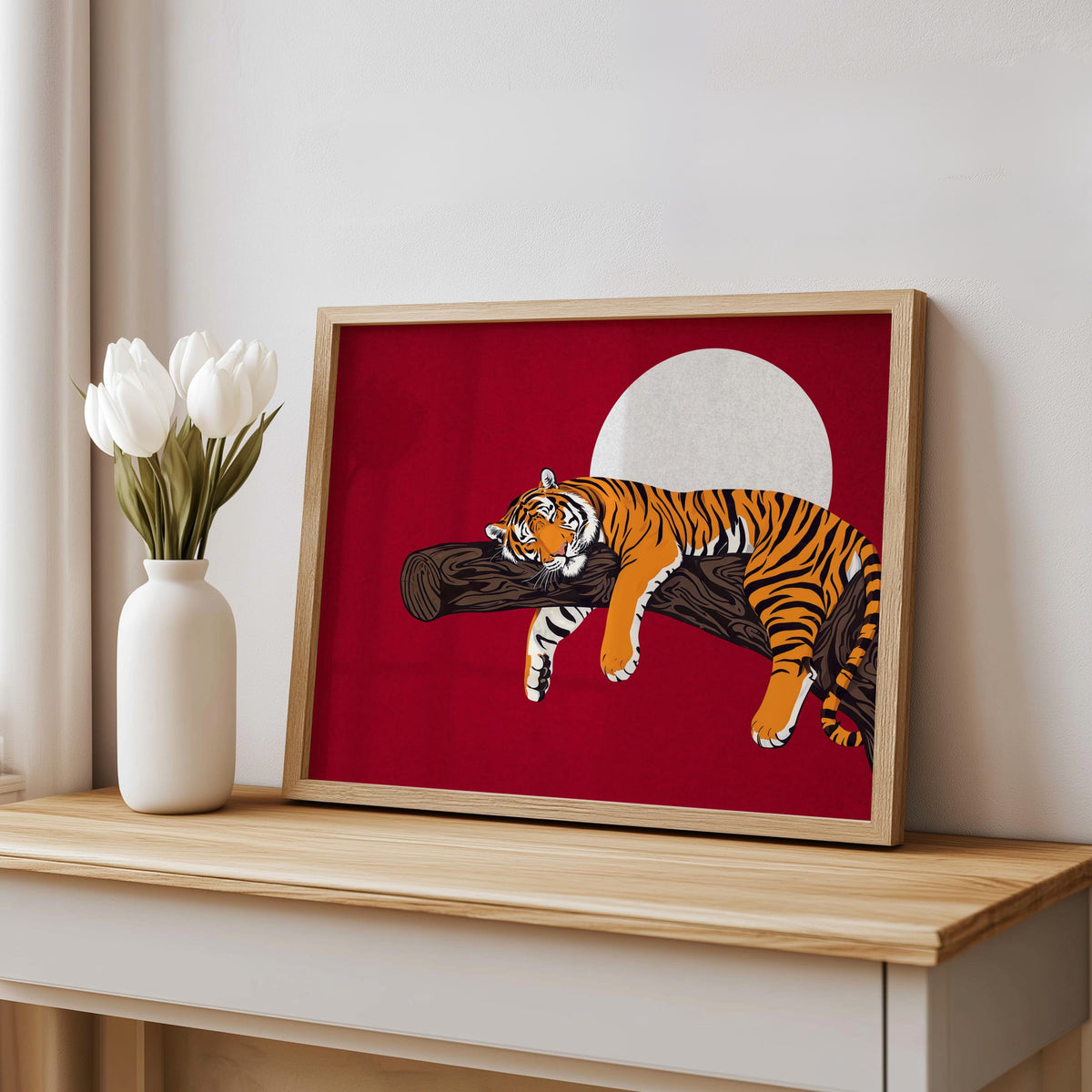 Red sleeping tiger wall art on shelf with vase, bold vintage-inspired tiger on branch art, framed