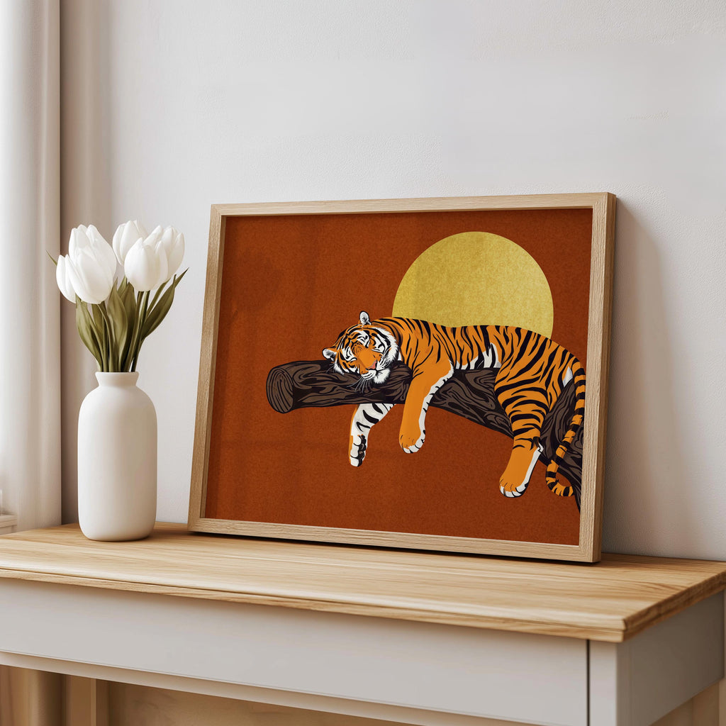Rust sleeping tiger wall art on shelf with vase, golden moon, tiger moon wall art in vintage palette