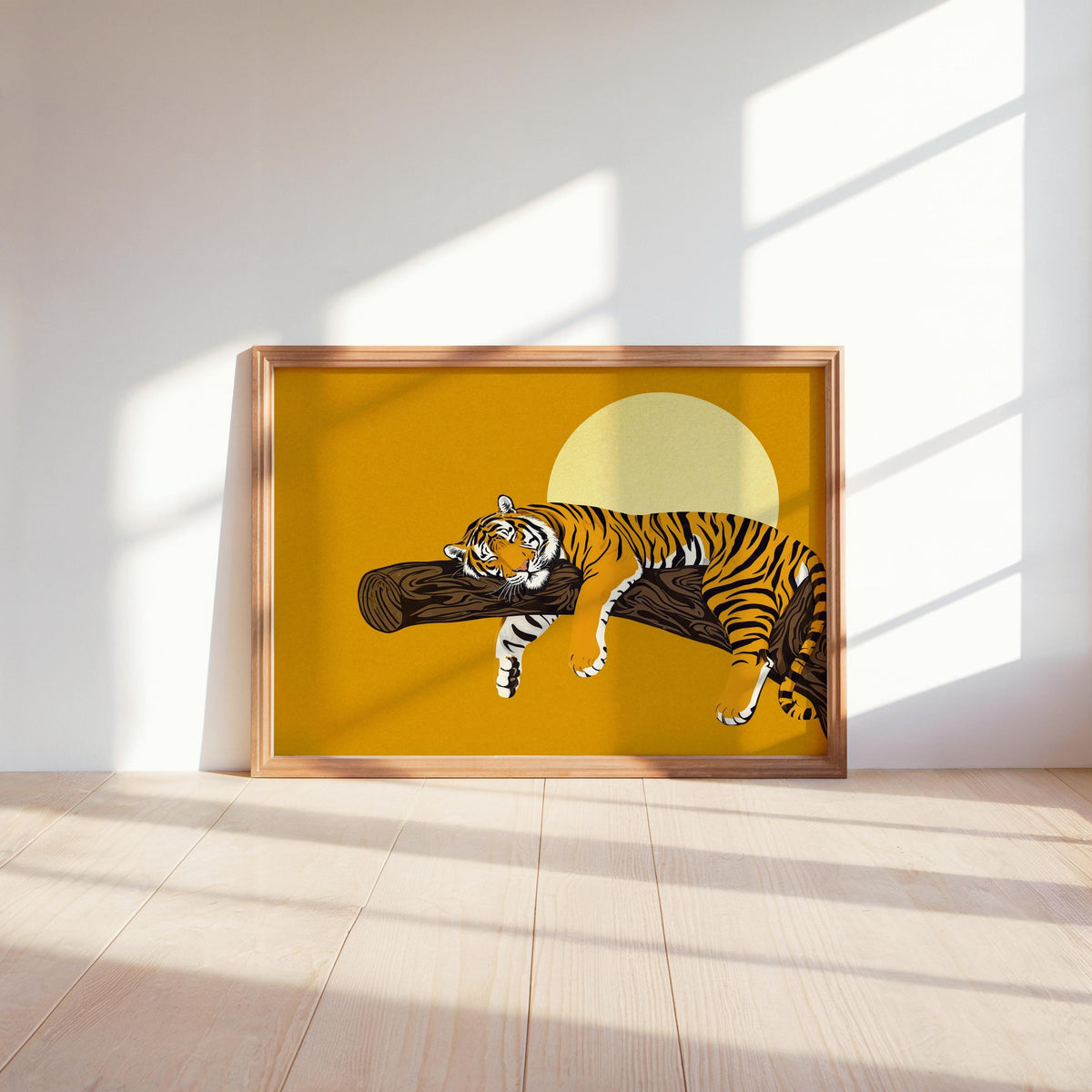 Mustard sleeping tiger wall art on floating shelf, sunlit vignette, colorful tiger print for living room