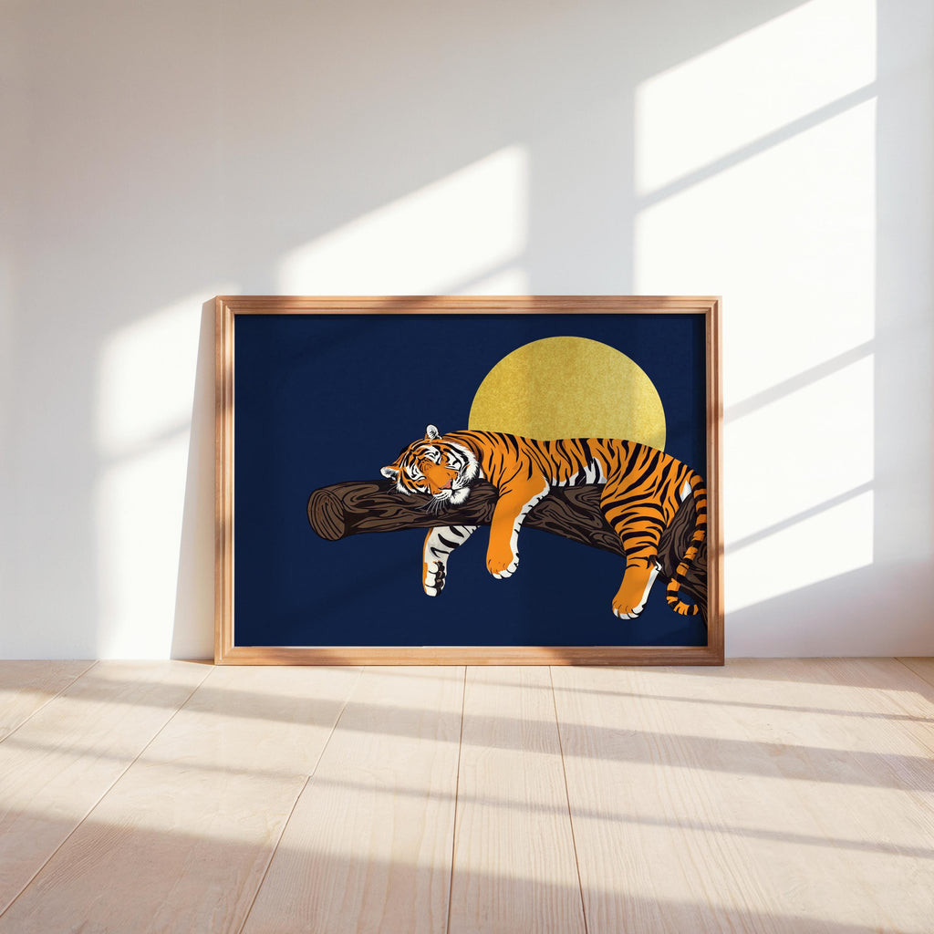 Navy sleeping tiger wall art leaning on shelf, crisp moon contrast, retro animal wall decor option