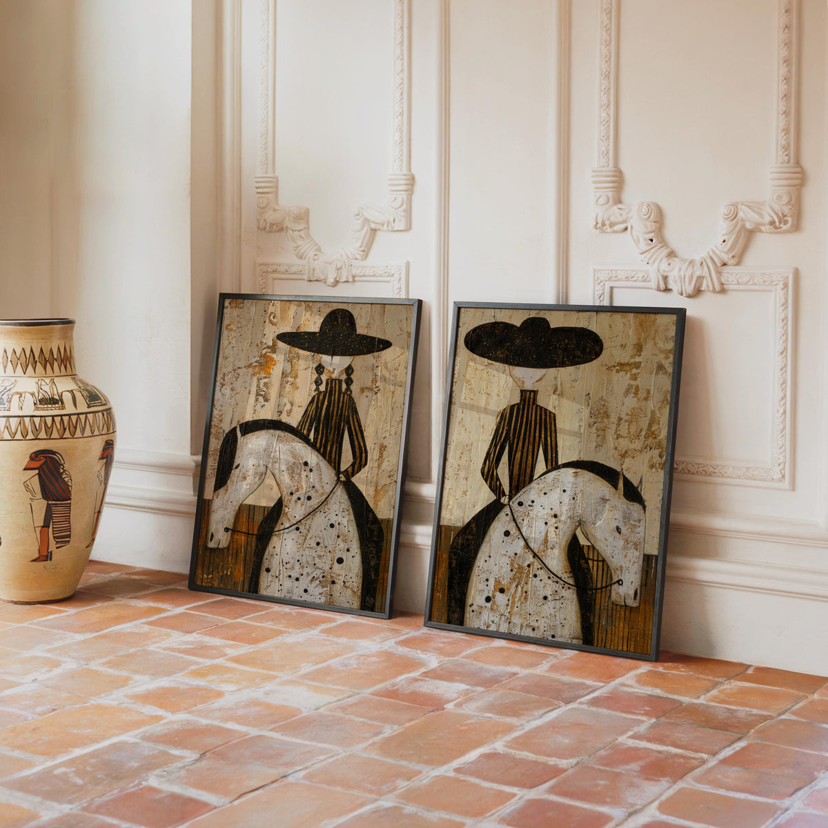 Western Rider Art Set of 2: Cowboy & Cowgirl Horse Painting, Modern Rustic Wall Decor, Equestrian Poster Duo, Minimalist Southwestern Canvas