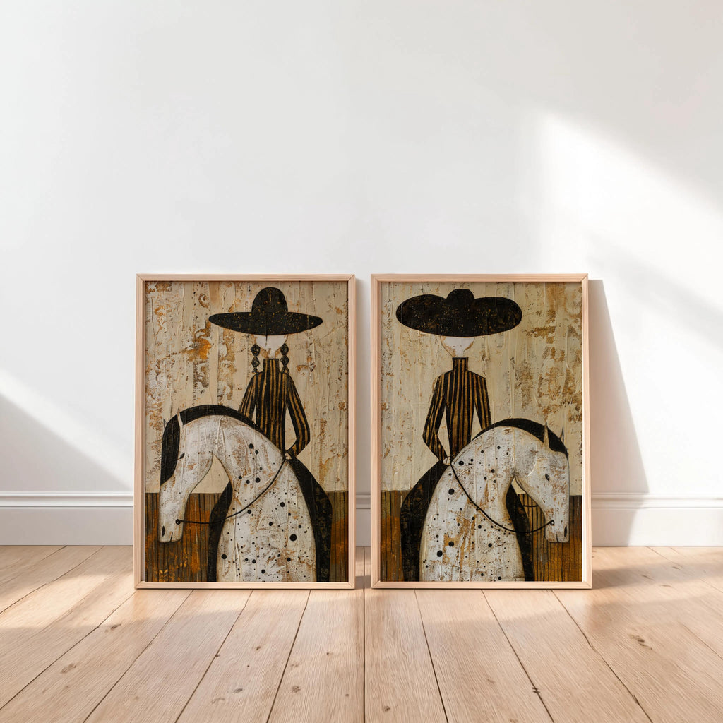 Western Rider Art Set of 2: Cowboy & Cowgirl Horse Painting, Modern Rustic Wall Decor, Equestrian Poster Duo, Minimalist Southwestern Canvas