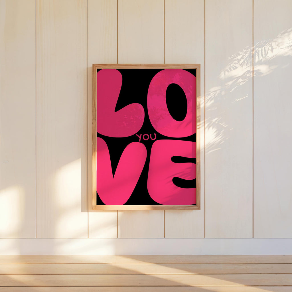 Love You Retro Wall Art, Colorful Typography Poster, Romantic Graphic Print, Playful Bedroom Decor