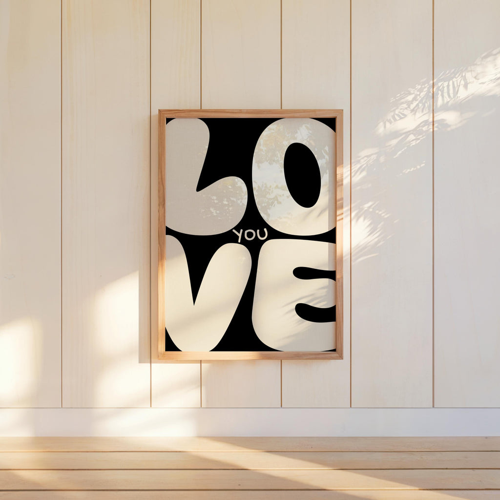 Love You Retro Wall Art, Colorful Typography Poster, Romantic Graphic Print, Playful Bedroom Decor