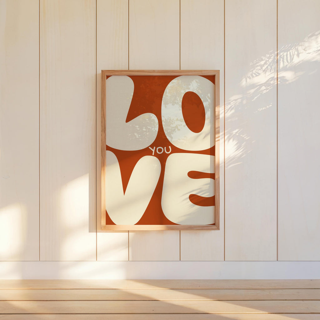Love You Retro Wall Art, Colorful Typography Poster, Romantic Graphic Print, Playful Bedroom Decor