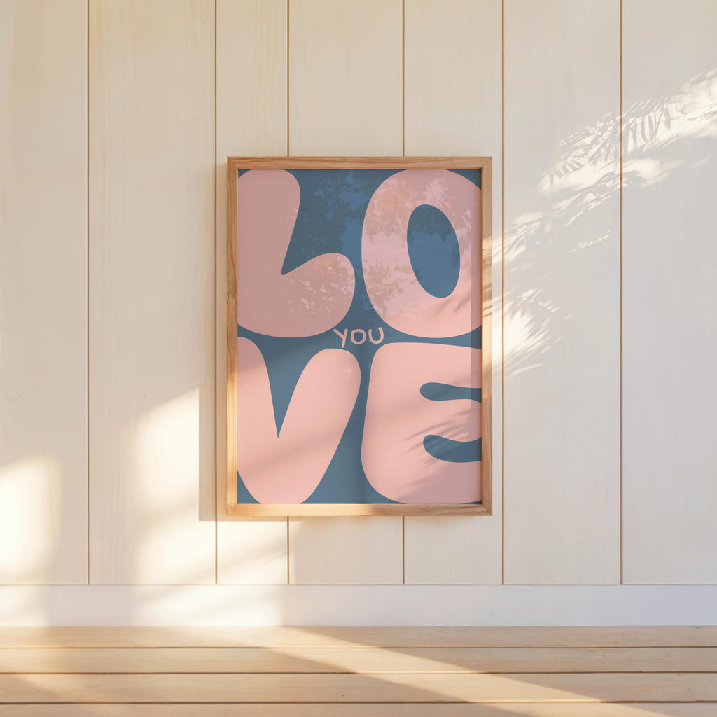 Love You Retro Wall Art, Colorful Typography Poster, Romantic Graphic Print, Playful Bedroom Decor