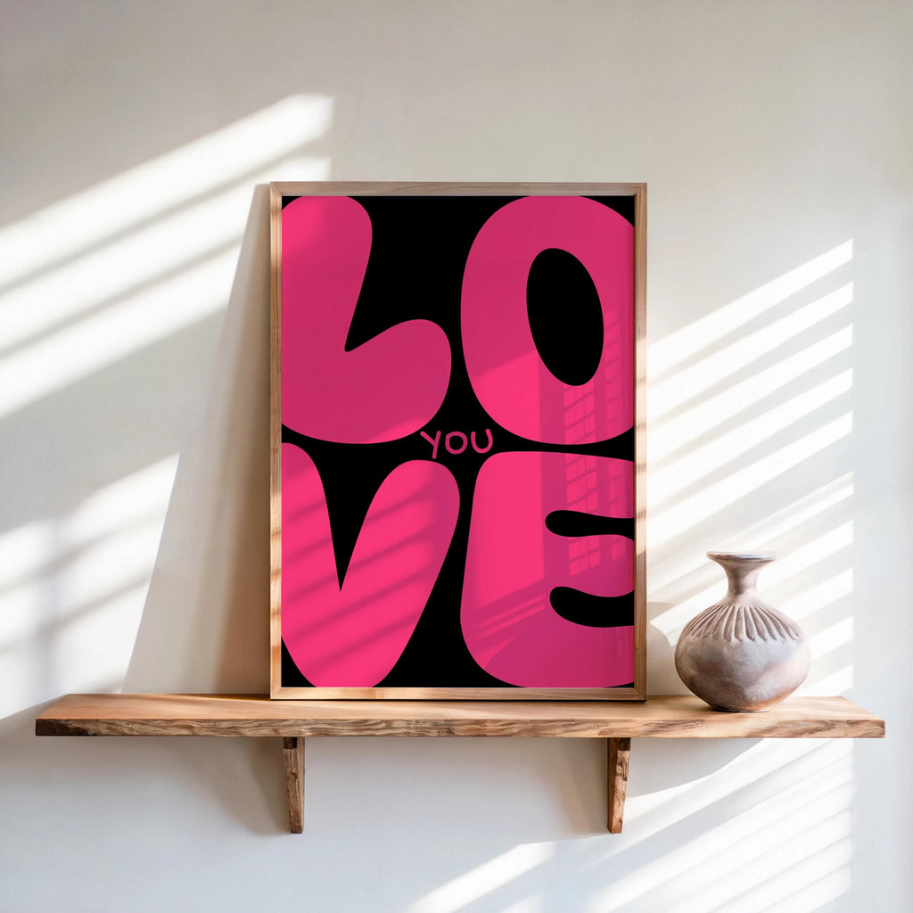 Love You Retro Wall Art, Colorful Typography Poster, Romantic Graphic Print, Playful Bedroom Decor