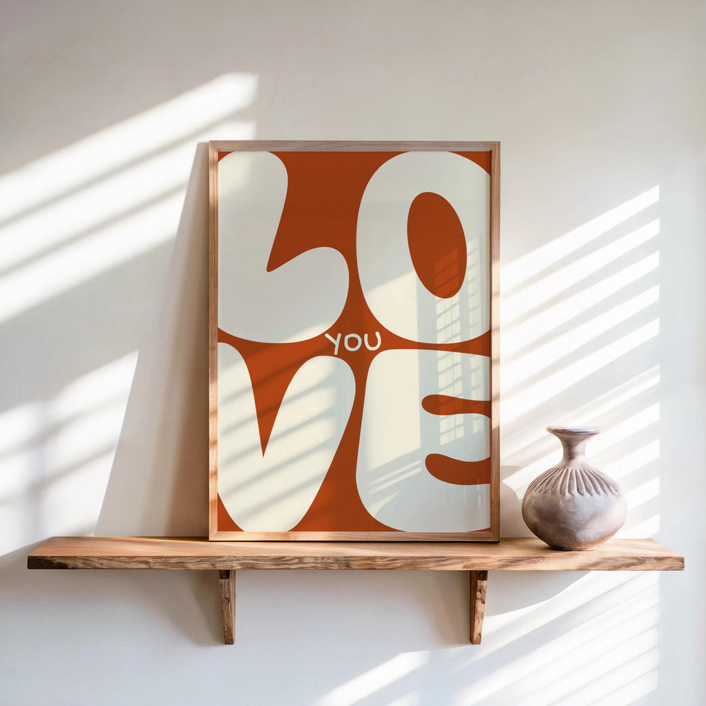 Love You Retro Wall Art, Colorful Typography Poster, Romantic Graphic Print, Playful Bedroom Decor