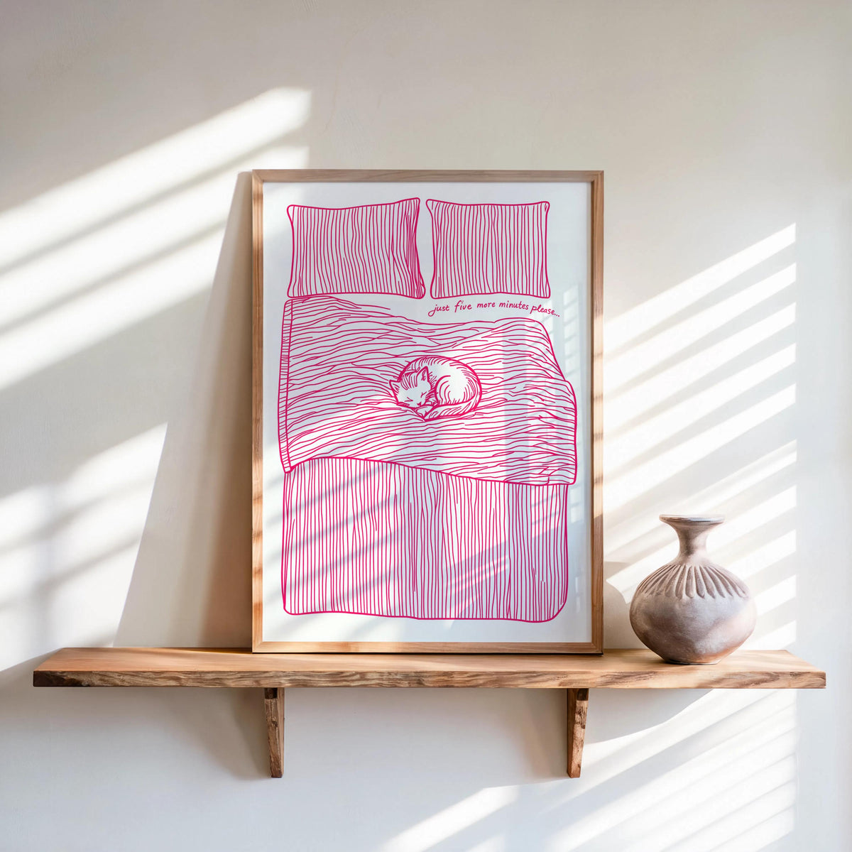 Just 5 more minutes Art Print, Funny Bedroom Decor, Let’s Stay In Bed Poster, Retro Trendy Sleep Tight Typography, Sleeping Cat Illustration