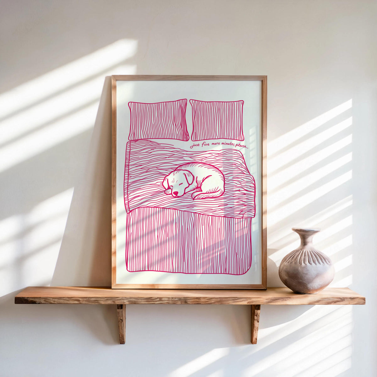 Just 5 more minutes Typography Poster, Sleeping Dog Cute Bedroom Decor, Funny Let’s Stay In Bed Wall Art, Retro Sleep Tight Print Sketch