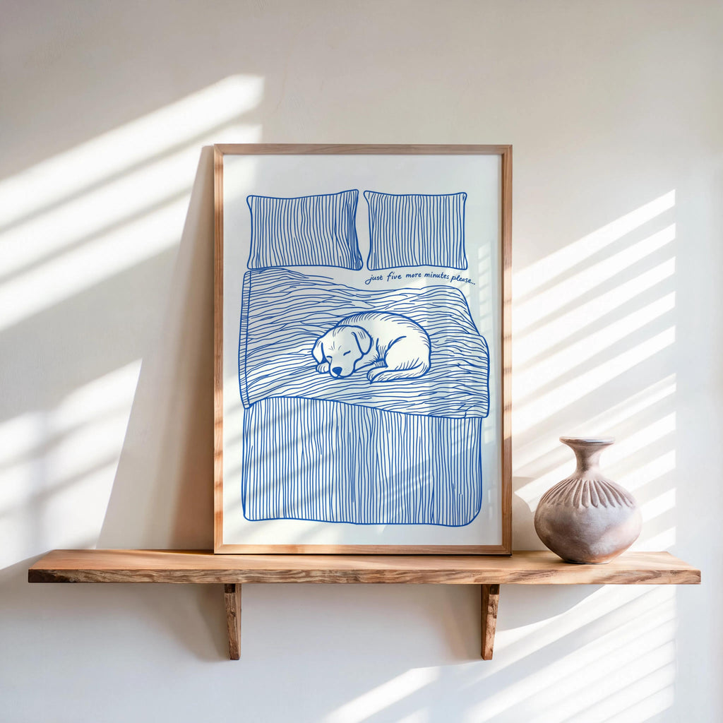 Just 5 more minutes Typography Poster, Sleeping Dog Cute Bedroom Decor, Funny Let’s Stay In Bed Wall Art, Retro Sleep Tight Print Sketch