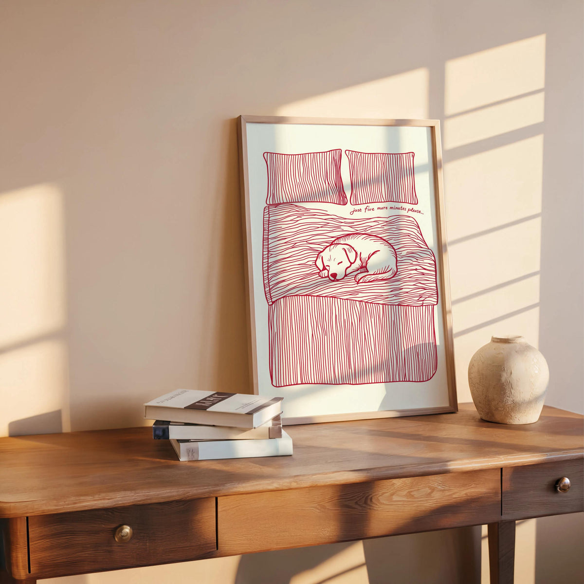 Just 5 more minutes Typography Poster, Sleeping Dog Cute Bedroom Decor, Funny Let’s Stay In Bed Wall Art, Retro Sleep Tight Print Sketch