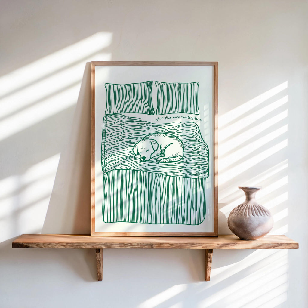 Just 5 more minutes Typography Poster, Sleeping Dog Cute Bedroom Decor, Funny Let’s Stay In Bed Wall Art, Retro Sleep Tight Print Sketch
