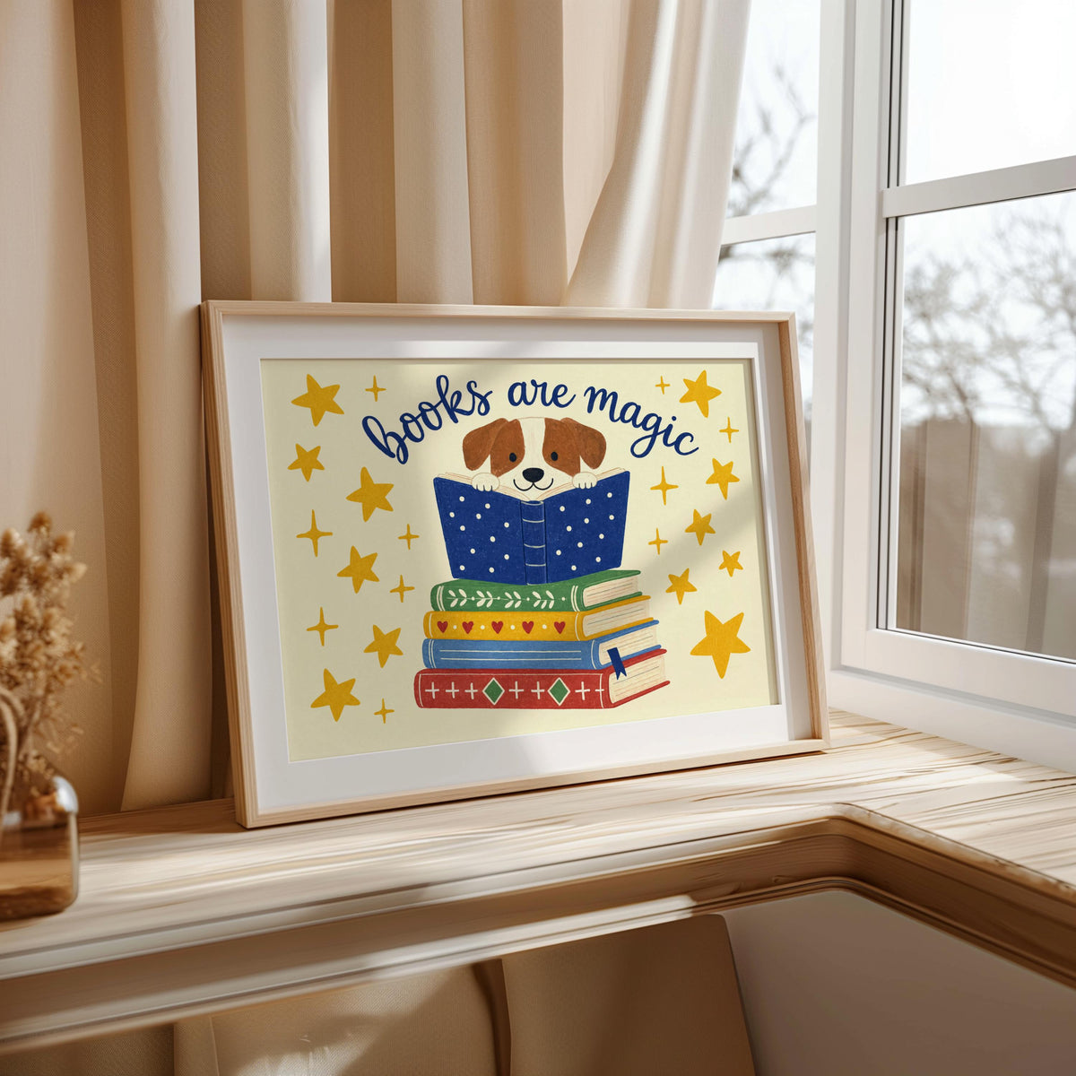 Dog reading wall art resting on sunny windowsill, soft curtains, playful stars, book lover wall art vibe