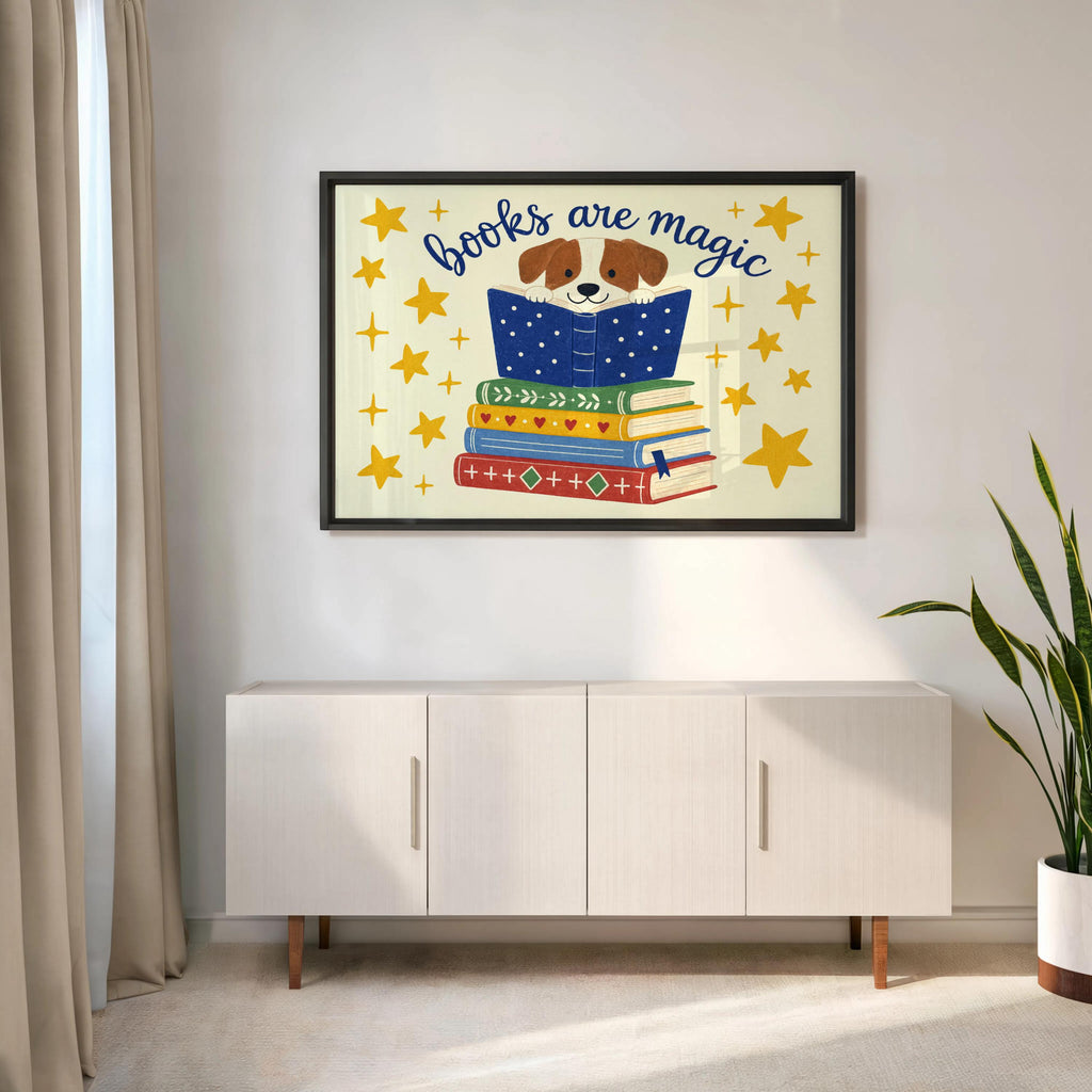 Dog reading wall art framed above midcentury console, potted plant and clean lines, stylish book lover wall art