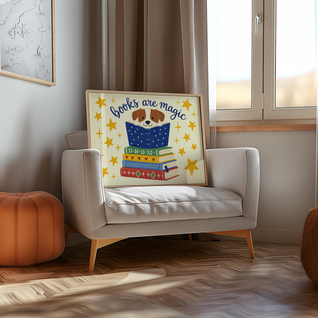 Dog reading wall art displayed on a cozy armchair, textured throw, playful stars make whimsical nursery accent