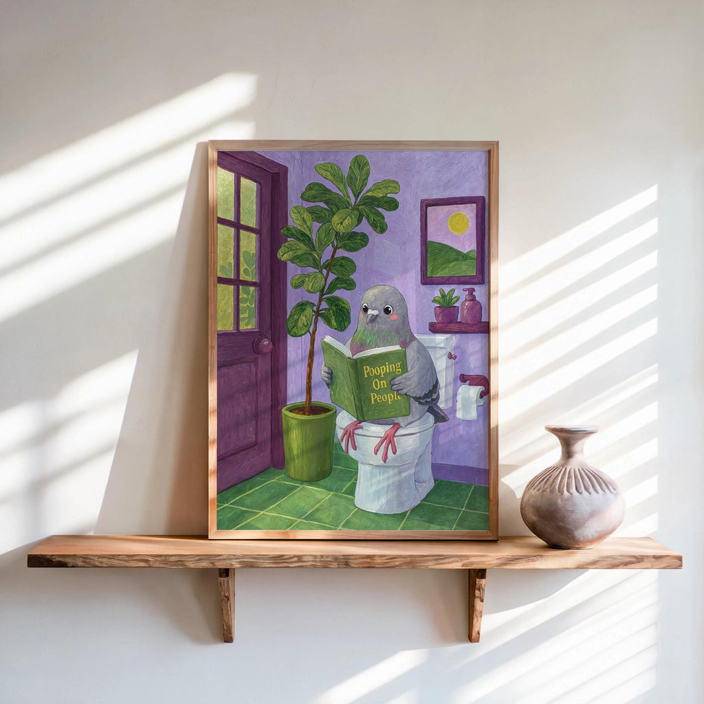 Funny Pigeon Reading Pooping On People Wall Art, Bird Bathroom Decor, Whimsical Restroom Poster, Humorous Animal Lover Gift, Loo Print