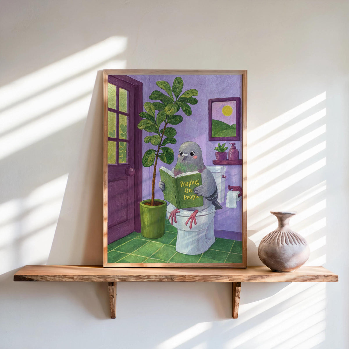 Funny Pigeon Reading Pooping On People Wall Art, Bird Bathroom Decor, Whimsical Restroom Poster, Humorous Animal Lover Gift, Loo Print