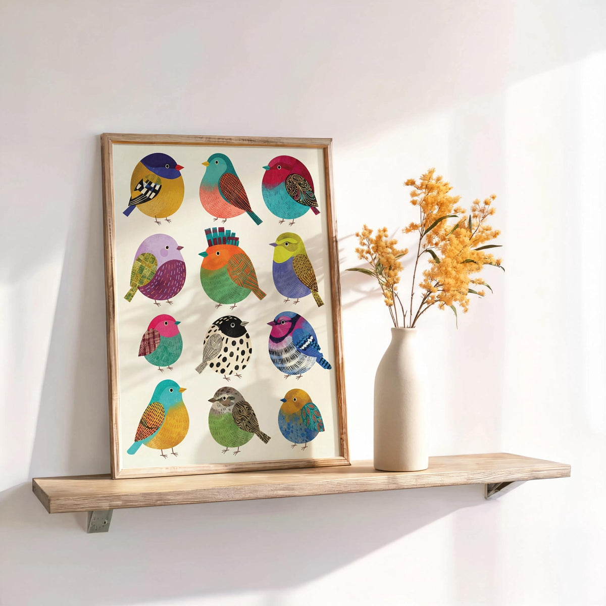 Colorful Borbs birds Illustration: Round bird Folk Art Collection, Vibrant Cute Round Songbird Print, Minimalist Tropical Nursery Wall Decor