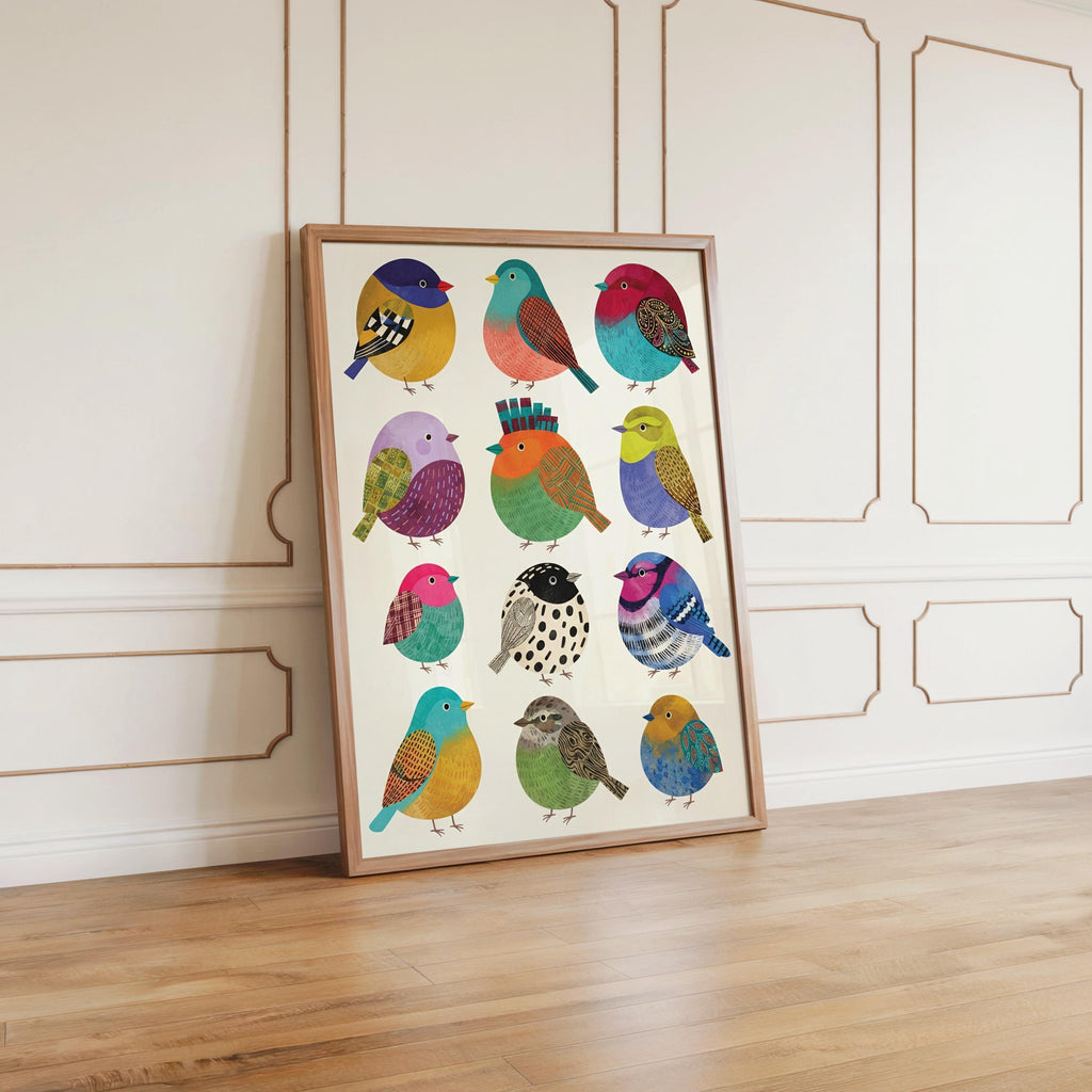 Colorful Borbs birds Illustration: Round bird Folk Art Collection, Vibrant Cute Round Songbird Print, Minimalist Tropical Nursery Wall Decor