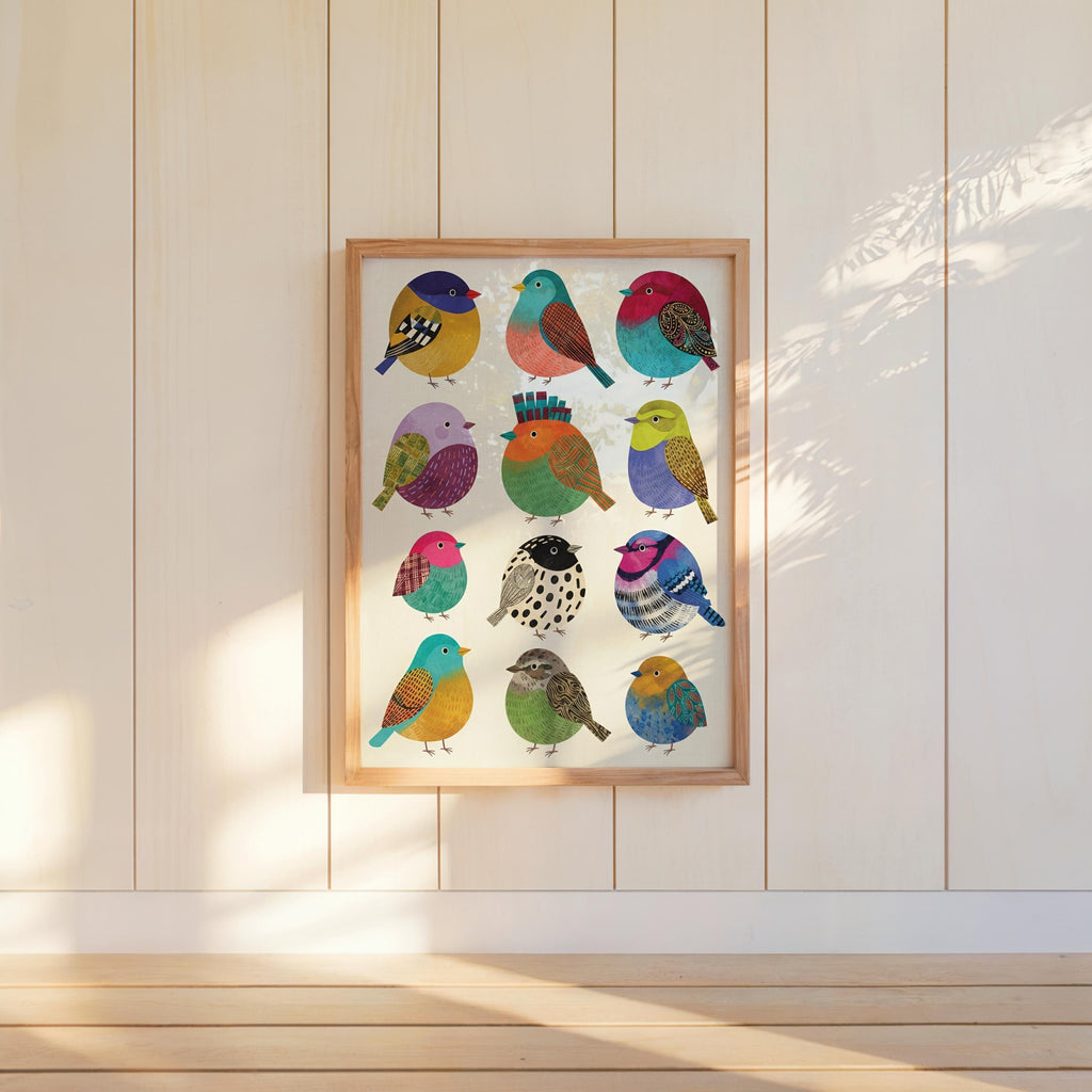 Colorful Borbs birds Illustration: Round bird Folk Art Collection, Vibrant Cute Round Songbird Print, Minimalist Tropical Nursery Wall Decor