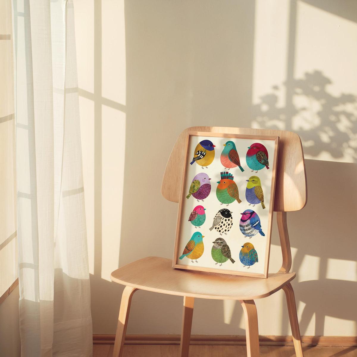 Colorful Borbs birds Illustration: Round bird Folk Art Collection, Vibrant Cute Round Songbird Print, Minimalist Tropical Nursery Wall Decor