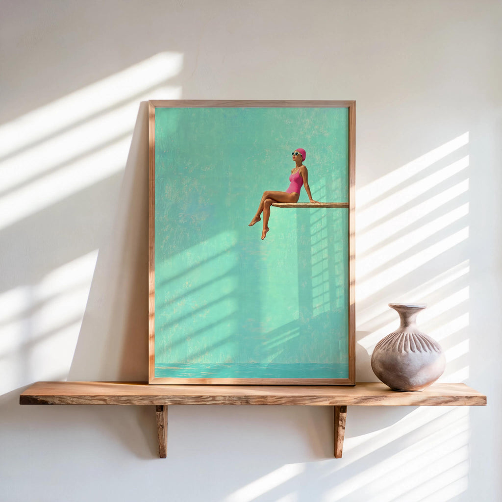 Swimmer on Diving Board Print, Retro Swimming Pool Wall Art, Vintage Poolside Palm Beach Decor, Mid Century Stylish Woman, Bathroom Poster