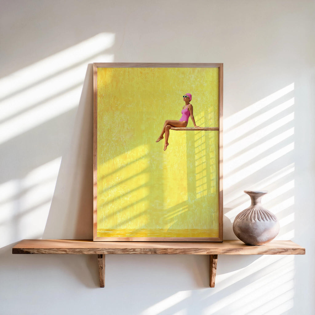Swimmer on Diving Board Print, Retro Swimming Pool Wall Art, Vintage Poolside Palm Beach Decor, Mid Century Stylish Woman, Bathroom Poster