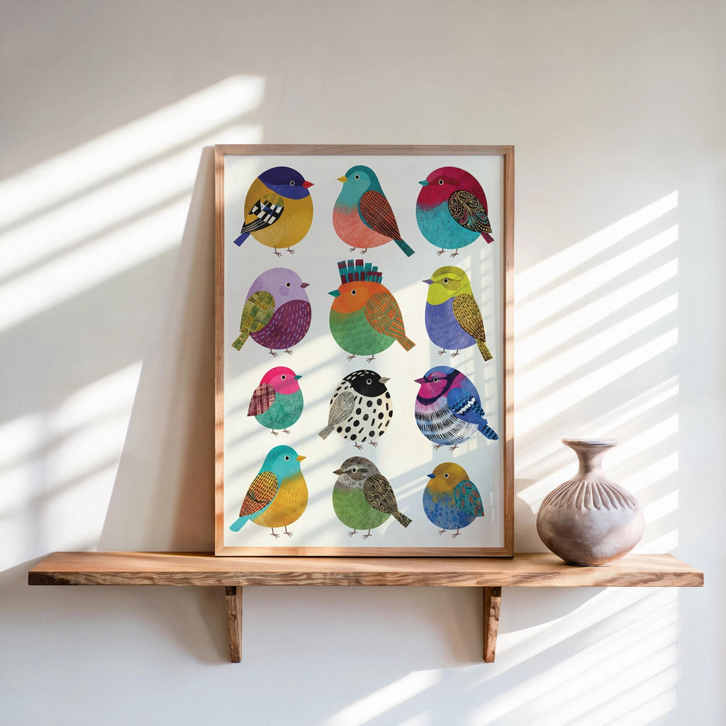 Colorful Borbs birds Illustration: Round bird Folk Art Collection, Vibrant Cute Round Songbird Print, Minimalist Tropical Nursery Wall Decor