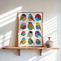 Colorful Borbs birds Illustration: Round bird Folk Art Collection, Vibrant Cute Round Songbird Print, Minimalist Tropical Nursery Wall Decor