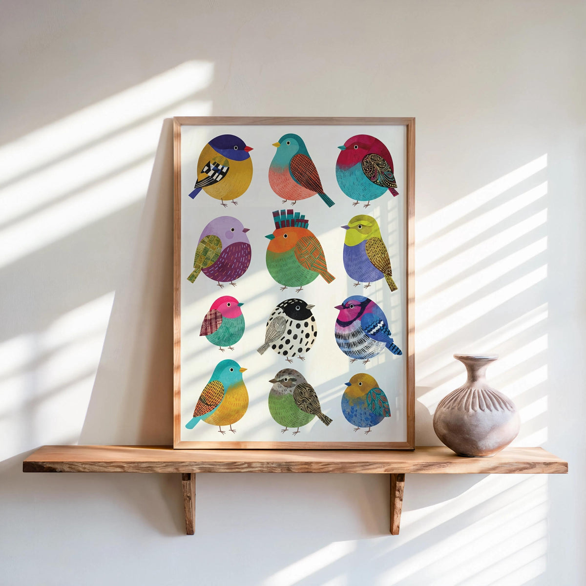 Colorful Borbs birds Illustration: Round bird Folk Art Collection, Vibrant Cute Round Songbird Print, Minimalist Tropical Nursery Wall Decor