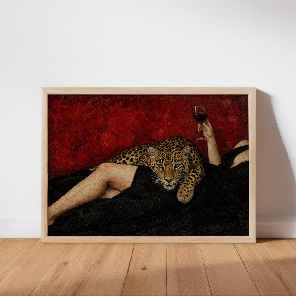 Abstract woman & Leopard Wine Art, Surreal Cheetah Luxury Wall Decor, Moody Dark Glamour Painting, Surrealist Femme Fatale Glam Animal Print