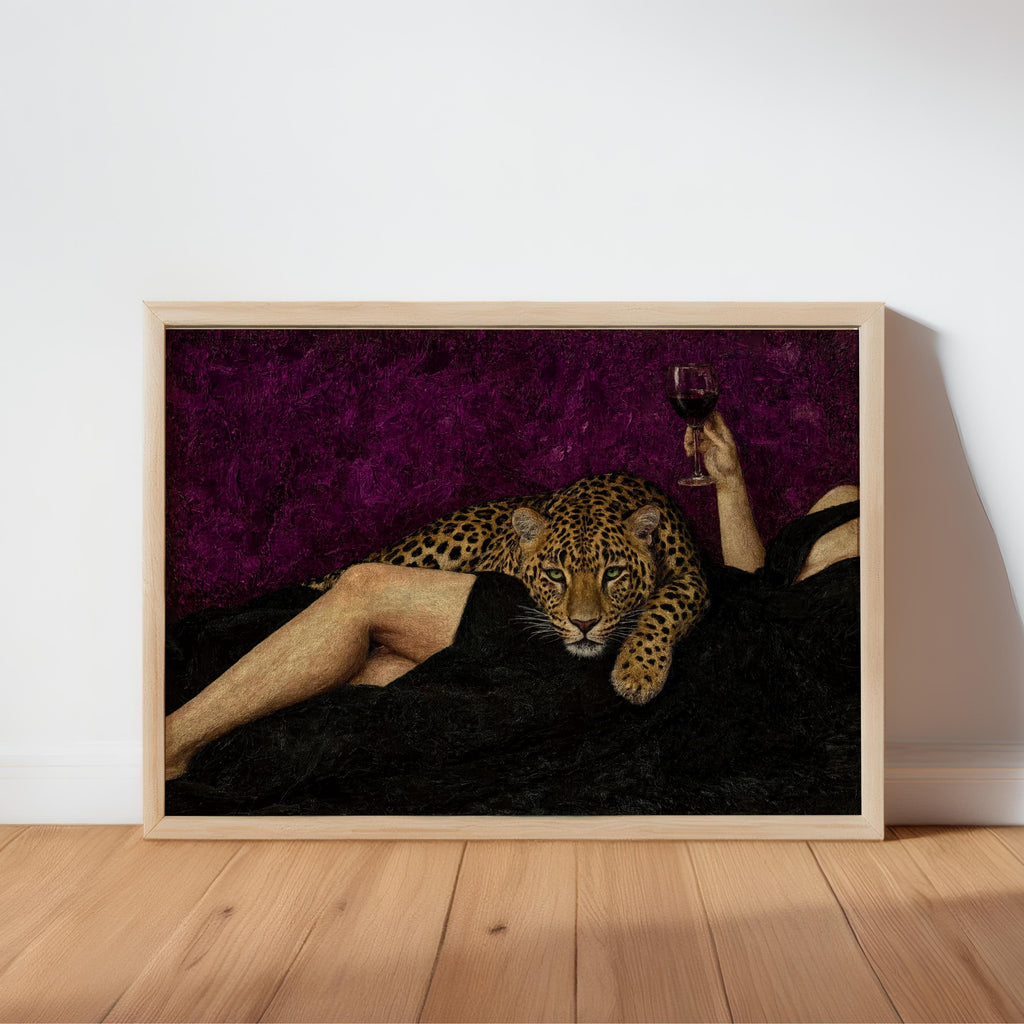 Abstract woman & Leopard Wine Art, Surreal Cheetah Luxury Wall Decor, Moody Dark Glamour Painting, Surrealist Femme Fatale Glam Animal Print