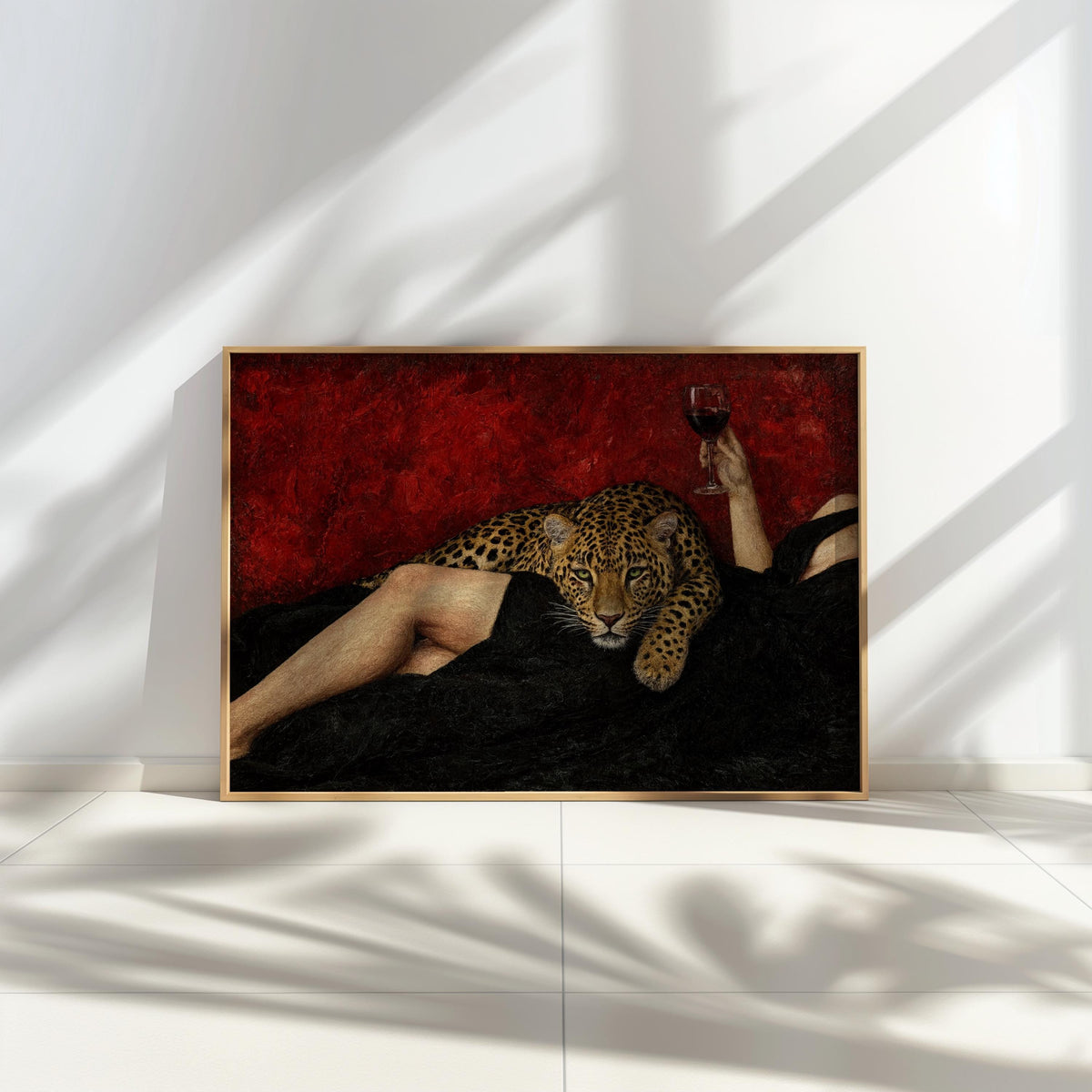 Abstract woman & Leopard Wine Art, Surreal Cheetah Luxury Wall Decor, Moody Dark Glamour Painting, Surrealist Femme Fatale Glam Animal Print