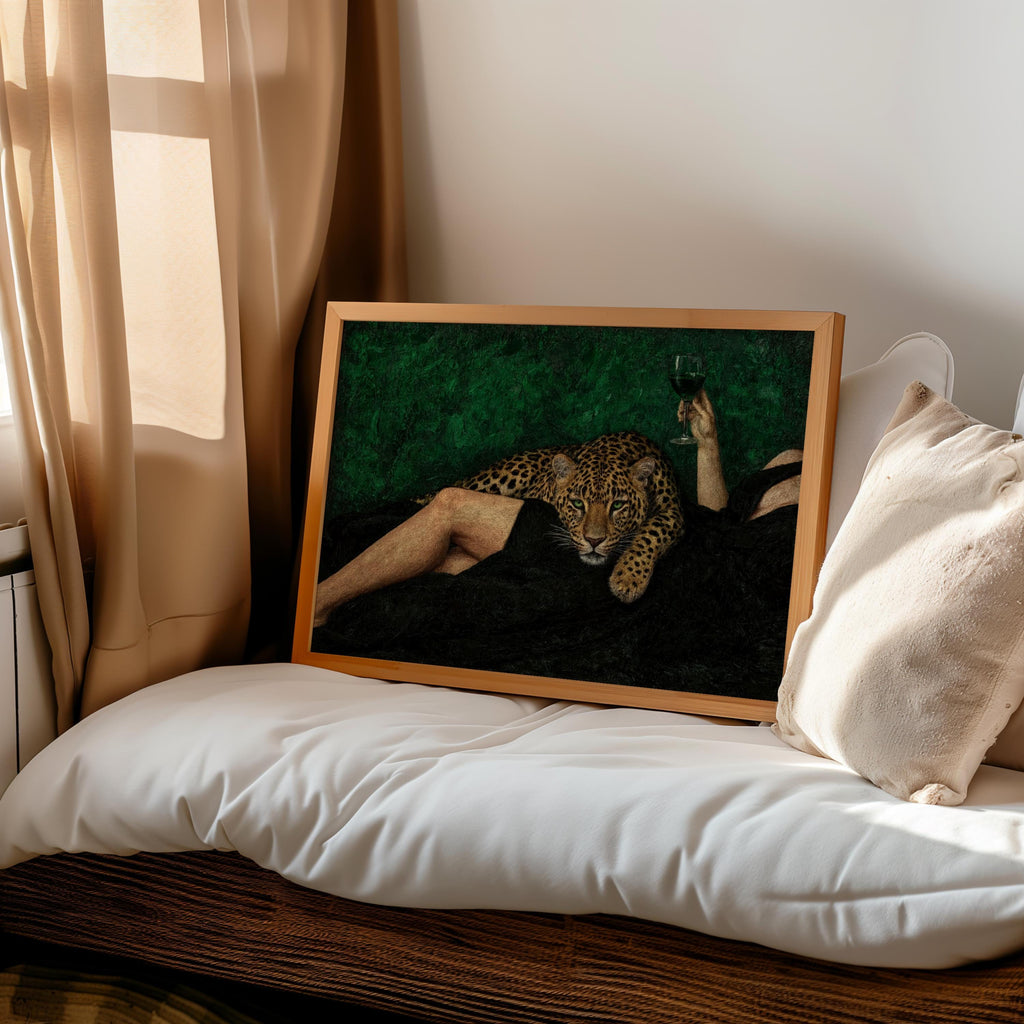 Abstract woman & Leopard Wine Art, Surreal Cheetah Luxury Wall Decor, Moody Dark Glamour Painting, Surrealist Femme Fatale Glam Animal Print
