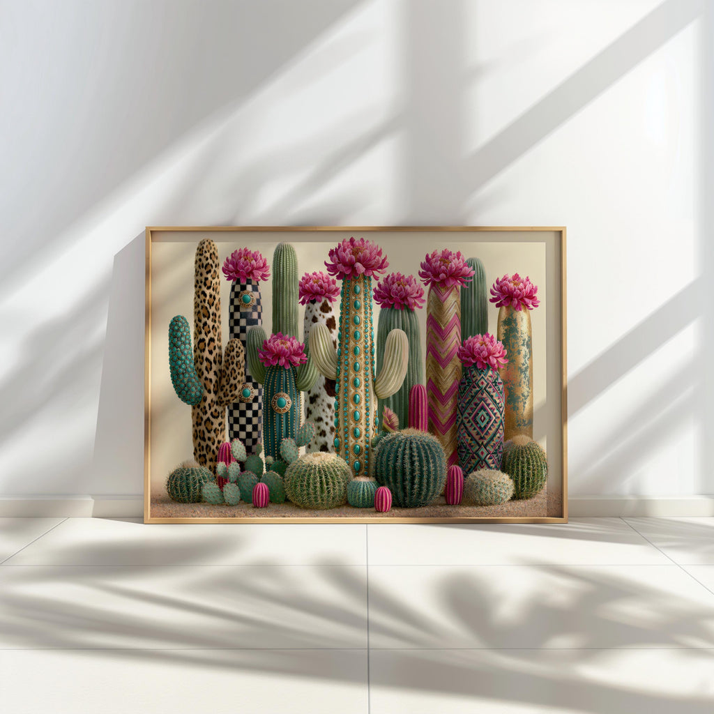 Small framed cactus art print on a low ledge, bright sunlight, detailed succulents, colorful cactus wall art.