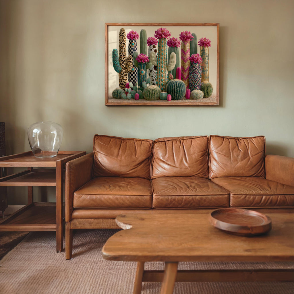 Colorful desert art framed above a leather sofa, cozy western desert decor, magenta cactus flowers pop.