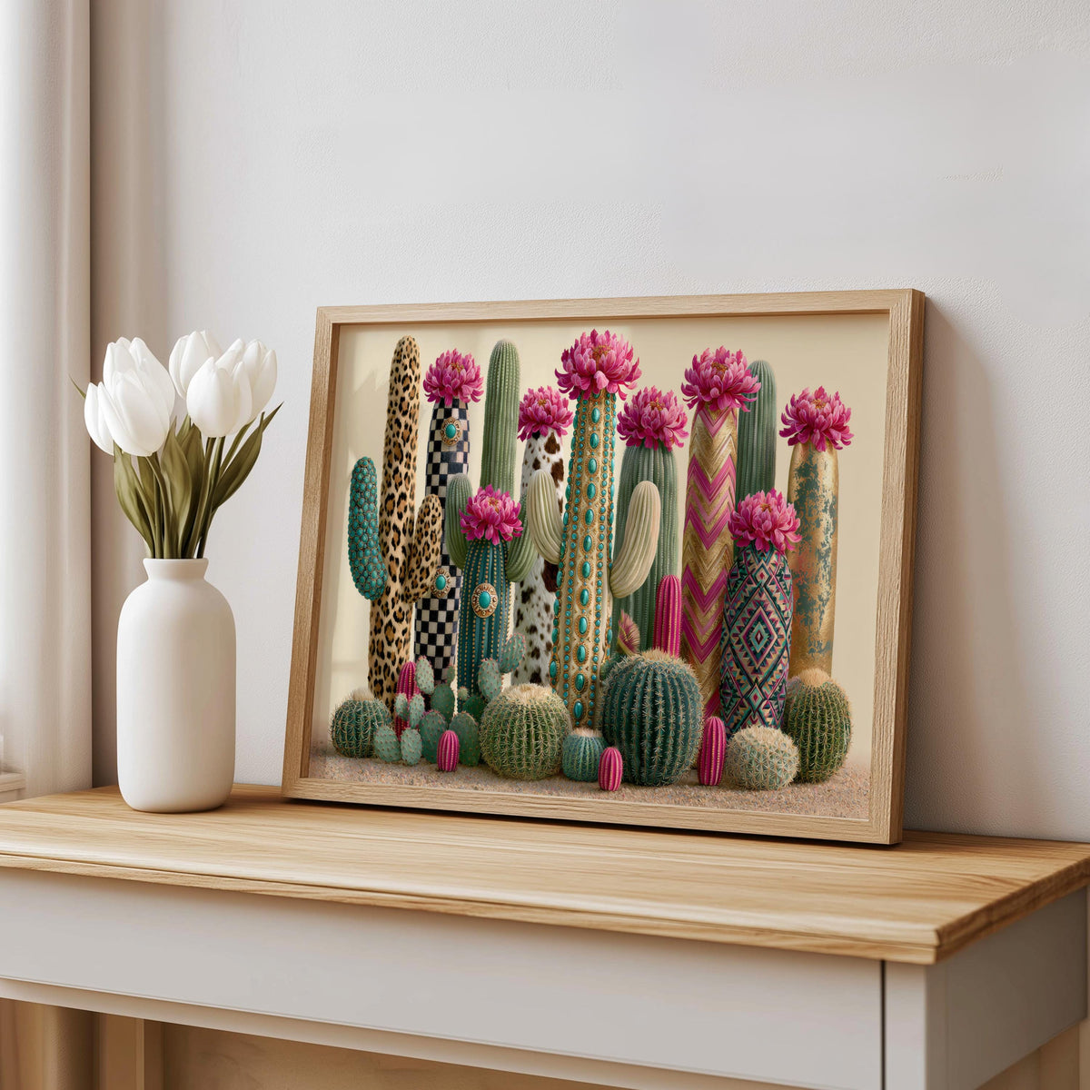 Framed colorful cactus wall art on a console next to a white vase, warm beige backdrop, boho cactus decor.