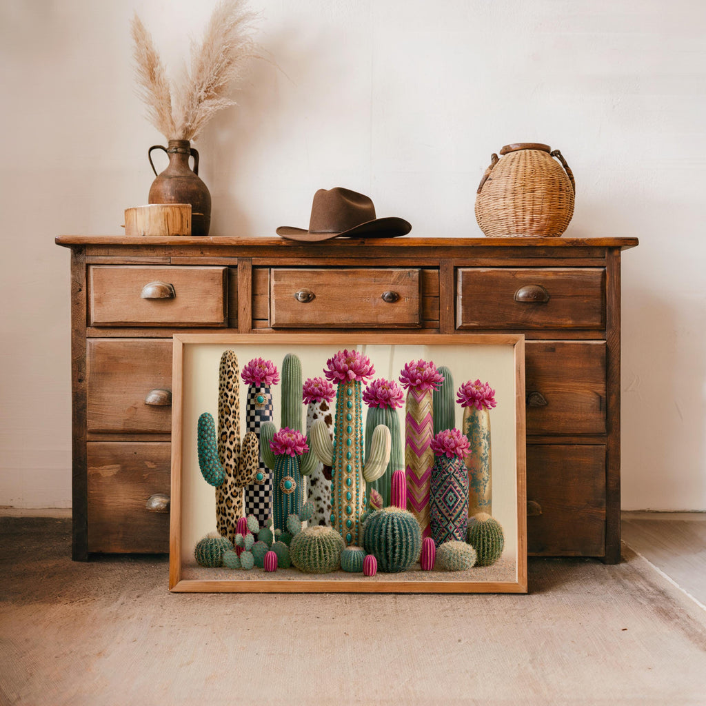 Framed colorful cactus wall art resting against a rustic wooden dresser, warm earthy tones and woven basket.