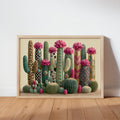 Framed colorful cactus wall art leaning on hardwood floor, vibrant pink blooms, folk art greens.