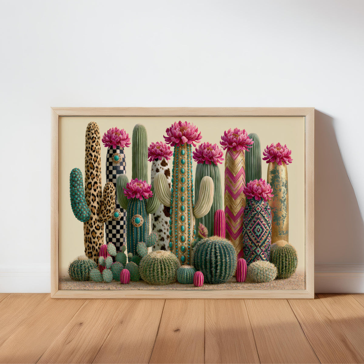 Framed colorful cactus wall art leaning on hardwood floor, vibrant pink blooms, folk art greens.