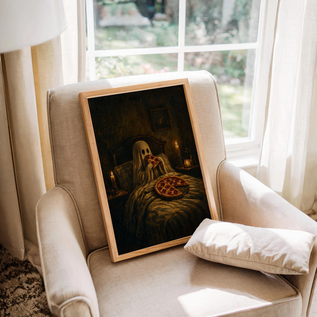 Ghost Pizza Wall Art, Funny Gothic Bedroom Print, Spooky Dark Humor Poster, Cozy Halloween Decor