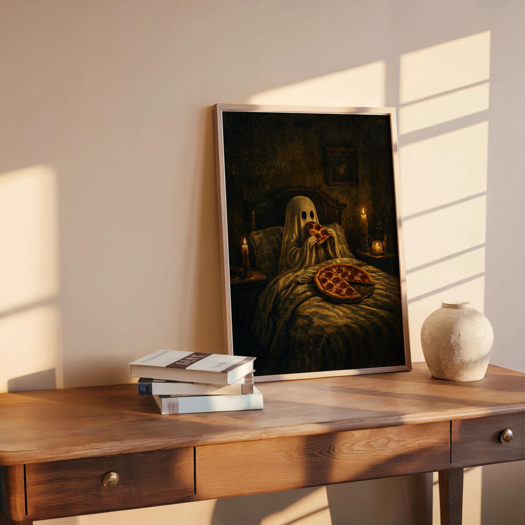 Ghost Pizza Wall Art, Funny Gothic Bedroom Print, Spooky Dark Humor Poster, Cozy Halloween Decor