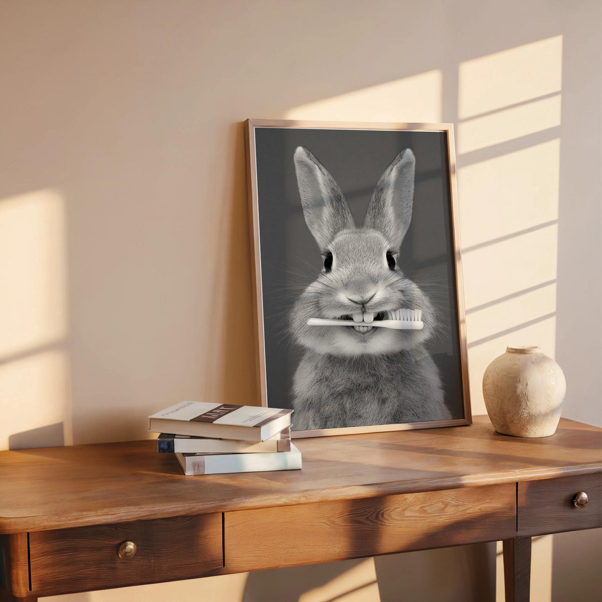 Funny Bunny Toothbrush Wall Art, Brush Your Teeth Kids Bathroom Print, Dental Hygienist Office decor, Quirky Rabbit Portrait, Dentist Poster