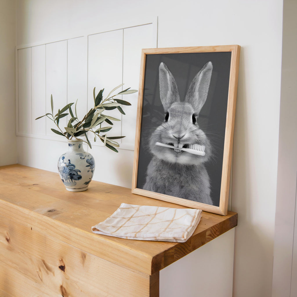 Funny Bunny Toothbrush Wall Art, Brush Your Teeth Kids Bathroom Print, Dental Hygienist Office decor, Quirky Rabbit Portrait, Dentist Poster